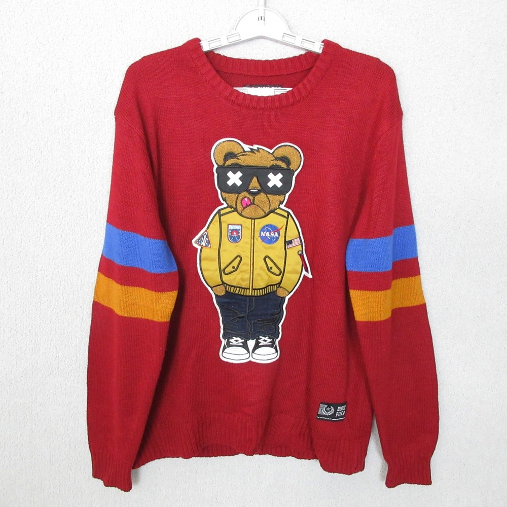 Black Pike NASA Bear Graphic Sweater‎ Mens Medium Red Knit Crewneck